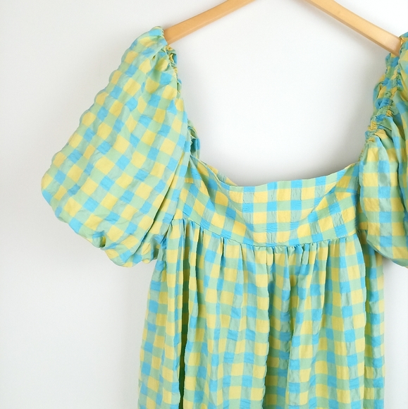 Zara Long Check Print Dress Panelled Puff Sleeve Green Yellow Blue - Medium - Picture 5 of 11